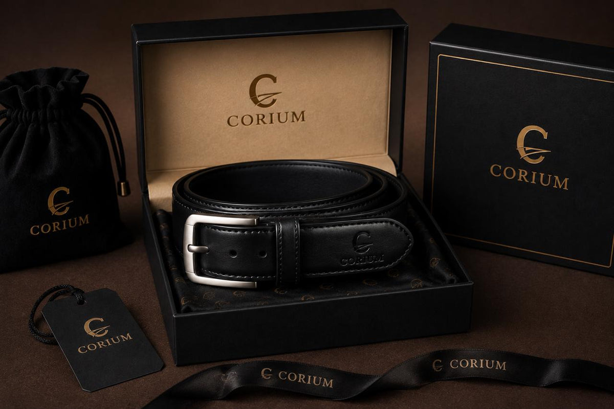 A black leather belt with a silver buckle presented in an open black Corium box, with matching black packaging, a drawstring pouch, a hangtag, and a ribbon on a dark brown background.